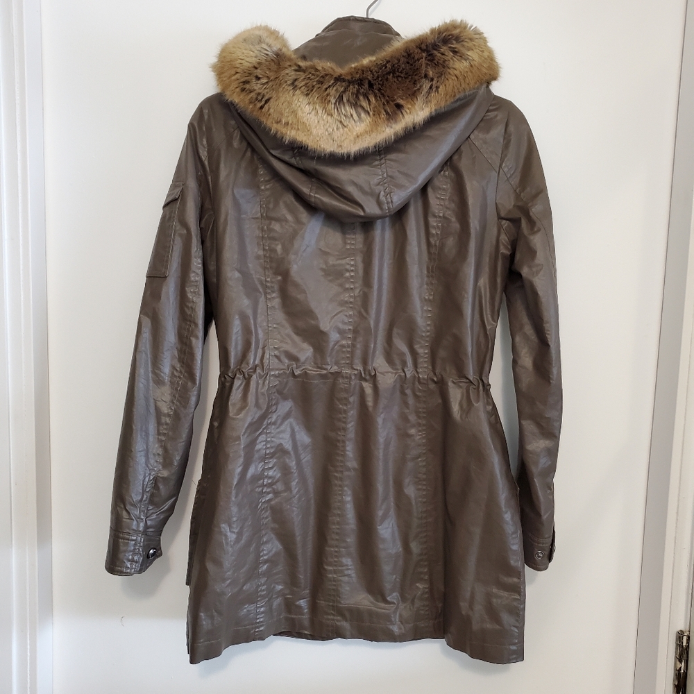Calvin Klein XS Shiny Cotton Jacket Army Olive Green Hooded Zip Up Fall Coat